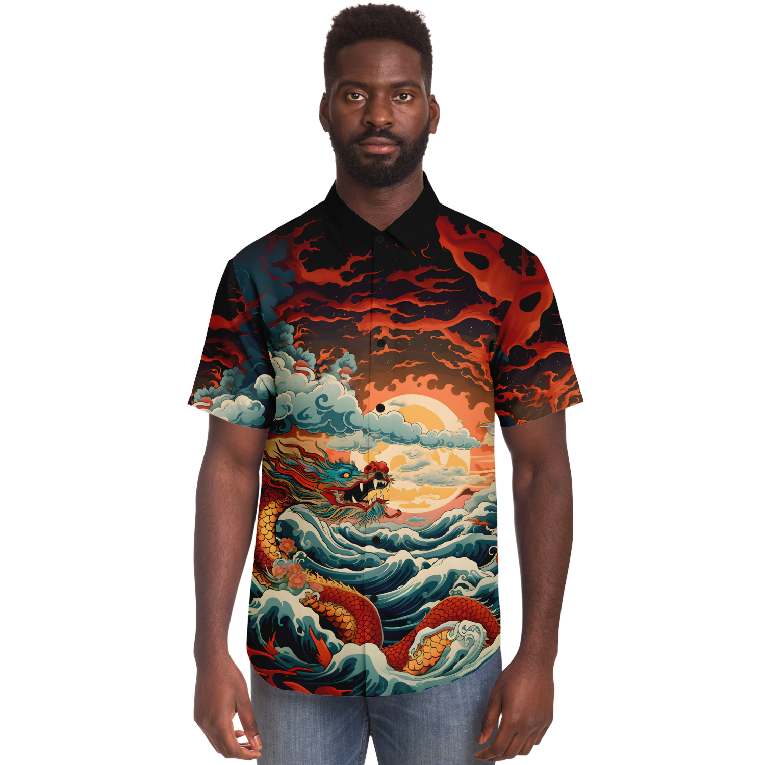 Dragon Wave Short Sleeve Button Down Shirt