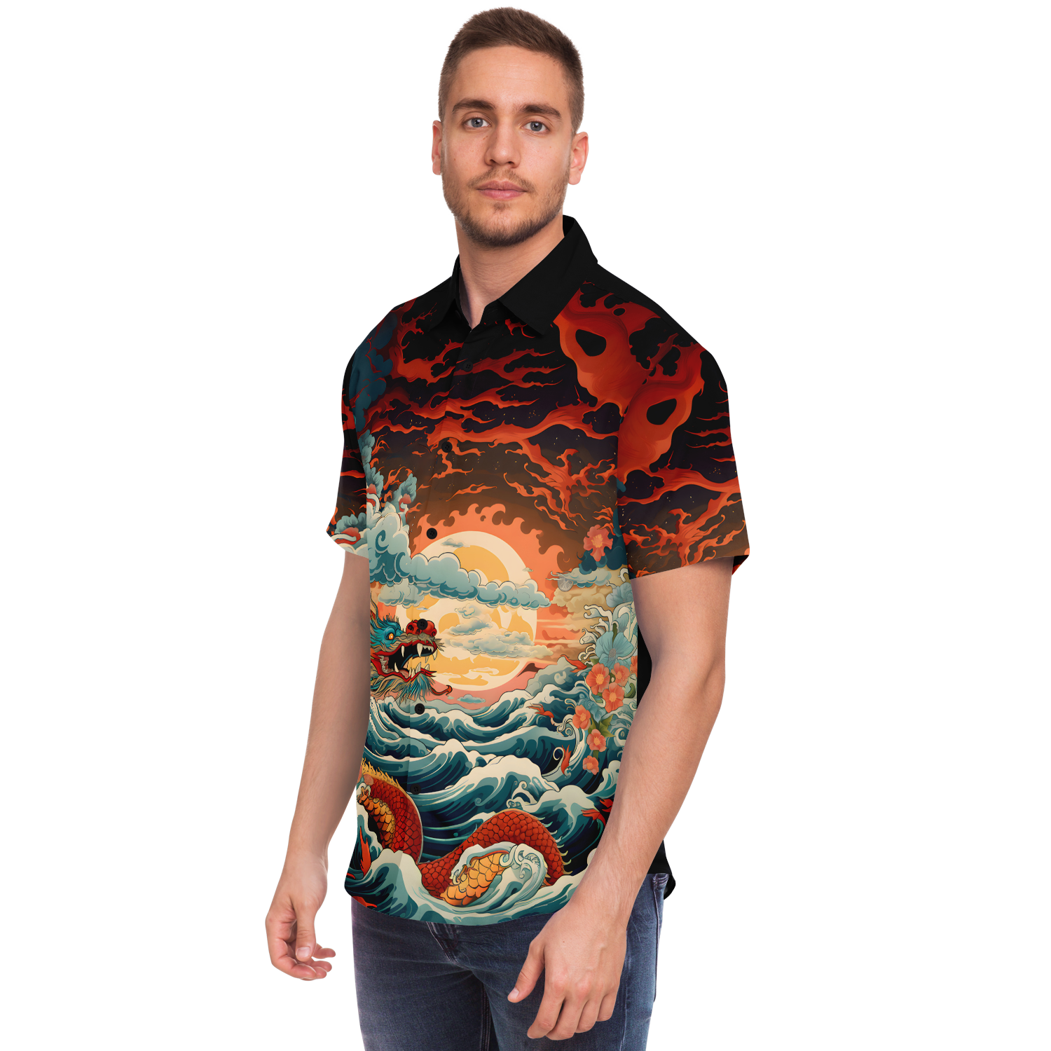 Dragon Wave Short Sleeve Button Down Shirt