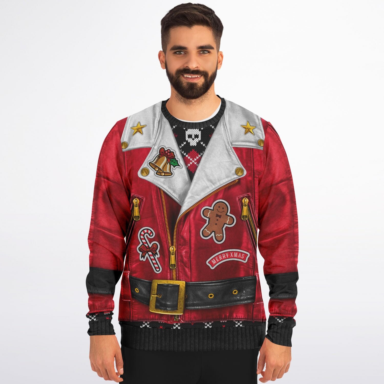 Sons of Santa Red Leather Santa Biker Jacket Athletic Ugly Christmas Sweatshirt